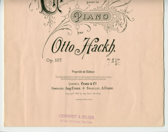 Partition de la «Valse Chromatique pour le piano» op. 107 d'Otto Christoph Hackh (1852-1917) (Aug. Cranz, Hambourg, 1895) – dédicace manuscrite à Paderewski: «Hommage de l'auteur, New York, 30 octobre 1895»