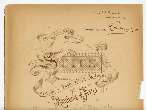 Partition de la Suite en ré mineur pour hautbois et piano op. 16 de Robert Martin Henriques (1858-1914) – «à Monsieur Olivo Krause» (Wilhelm Hansen, Editeur, Copenhague & Leipzig, 1901 [?] – 2 parties séparées)
