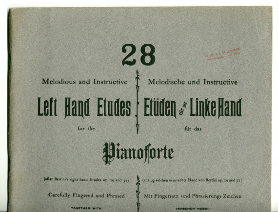 Partition des «28 Left Hand Etudes for the Pianoforte (after Bertini's right hand Etudes op. 29 and 32) Carefully Fingered and Phrased together with Original Melodies for the Right Hand» op. 100 d'August W. Hoffmann (Breitkopf & Härtel, New York, 1902)