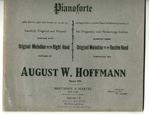 Partition des «28 Left Hand Etudes for the Pianoforte (after Bertini's right hand Etudes op. 29 and 32) Carefully Fingered and Phrased together with Original Melodies for the Right Hand» op. 100 d'August W. Hoffmann (Breitkopf & Härtel, New York, 1902)
