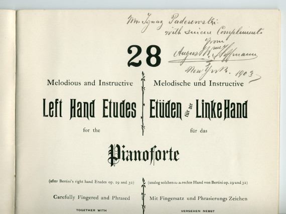 Partition des «28 Left Hand Etudes for the Pianoforte (after Bertini's right hand Etudes op. 29 and 32) Carefully Fingered and Phrased together with Original Melodies for the Right Hand» op. 100 d'August W. Hoffmann (Breitkopf & Härtel, New York, 1902)