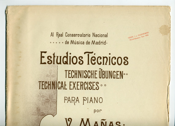 Partition des «Estudios Técnicos para piano» de Vicente Mañas Orihuel (1858-1931), Tomo I & II – «Al Real Conservatorio Naciola de Música de Madrid» (Otto y Arzoz, Mexico / Breitkopf & Härtel, 1898)