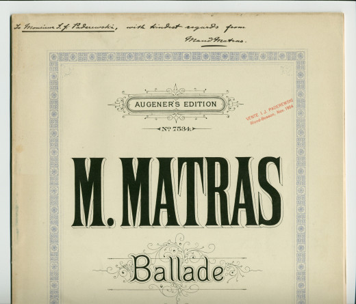 Partition de la Ballade pour violon et piano op. 8 de Maud Matras – «Dedicated to Arthur W. Payne» (Augener's Edition, Londres) – dédicace manuscrite «To Monsieur I. J. Paderesski, with kindest regards»