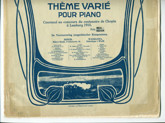 Partition du «Thème varié pour piano» op. 11 d'Henryk Opienski (1870-1942) – «couronné au concours du centenaire de Chopin à Lemberg 1910» – «à mon cher Maître I. J. Paderewski» (Vereinsverlag jungpolnischer Komponisten, Berlin / Warszawa)