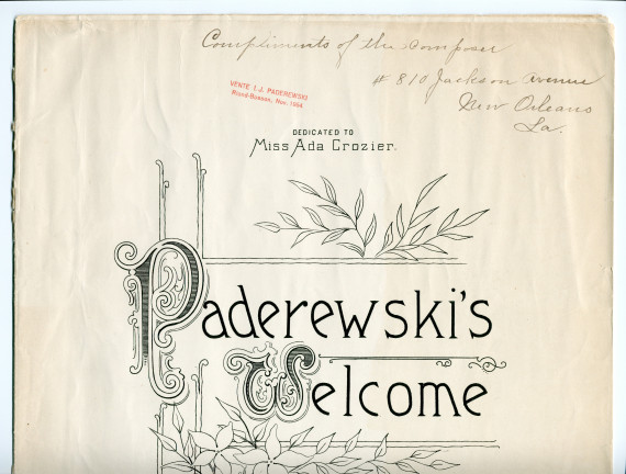 Partition de la «Paderewski's Welcome Waltz» pour piano de Miss Genevieve Salles – «Dedicated to Miss Ada Crozier» (The L. Grunewald Co., New Orleans, 1895) – dédicace manuscrite à Paderewski: «Compliments of the composer, 810 Jackson Avenue, New Orleans»