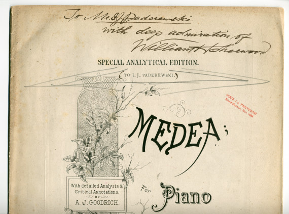 Partition de «Medea for Piano» op. 13 de William H. Sherwood (1854-1911) – «With detailed analysis & critical annotations by A. J. Goodrich» – «To I. J. Paderewski» –dédicace manuscrite «To Mr. I. J. Paderewski, with deep admiration of William H. Sherw