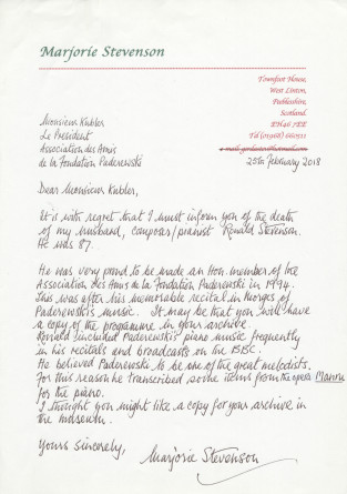 Partition de la «Suite for piano from Paderewski's opera Manru» de Ronald Stevenson, composée en 1961 (Edinburgh, The Ronald Stevenson Society, 2001) – accompagnée d'une lettre de la veuve, Marjorie Stevenson