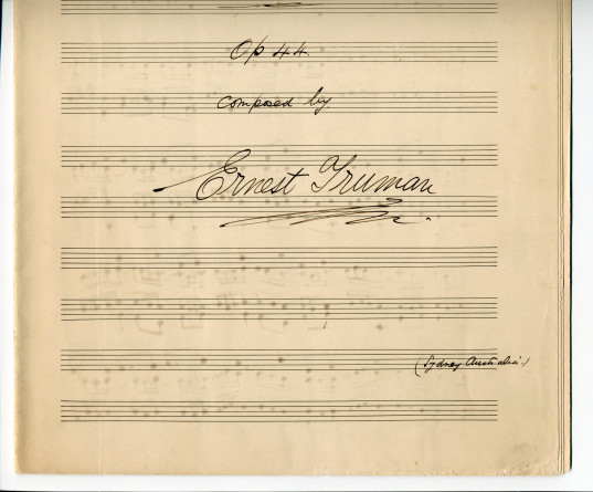 Partition manuscrite du «Grand Prelude & Fuge (for Piano) in F-sharp Minor» op. 44 d'Ernest Edwin Philip Truman (1869-1948) – dédié «à Mr. Paderewski» (Sydney)