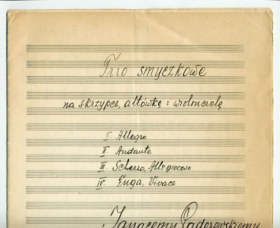 Partition manuscrite du «Trio smyczkowe» [Trio à cordes] pour violon, alto et violoncelle de Zygmunt Weininger (1905-?) – dédié à Paderewski (Katowice, 1933)