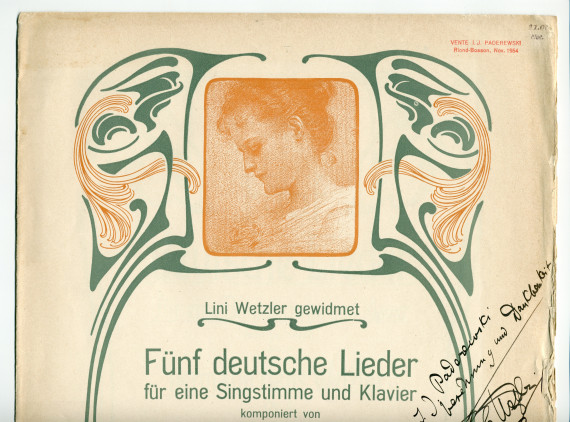 Partition des «Fünf deutsche Lieder für eine Singstimme und Klavier» op. 2 de Hermann Hans Wetzler (1870-1943) – «Lini Wetzler gewidmet» (Verlag Hermann Seemann Nachfolger, Leipzig, 1902)