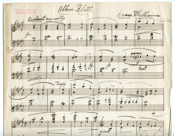 Manuscrit autographe de l'«Album Blatt» pour piano de Grace Wilhaina [?] (4 pages)