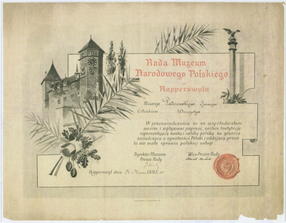 Copie couleur du certificat de membre à vie du Conseil du Musée polonais de Rapperswil attribué à Paderewski le 21 mars 1895