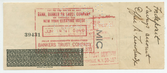 Chèque (encaissé) de $ 1100 de la Guaranty Trust Company of New York signé par Paderewski à l'attention d'Effie M. Trowbridge