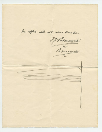 Billet manuscrit signé de Paderewski – «en effet elle est excellente» – avec portée de musique?