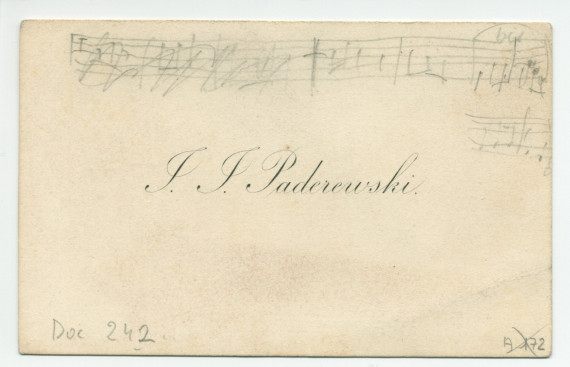 Carte de visite «I. J. Paderewski» avec esquisse musicale au crayon recto-verso