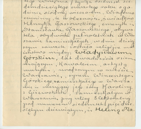 Traductions du russe en polonais de l'acte de mariage d'Hélène de Rosen et Ladislas Gorski (célébré le 24 août / 5 septembre 1874) extrait des registres de l'état-civil de la paroisse catholique-romaine Saint-Jean-Baptiste de Varsovie