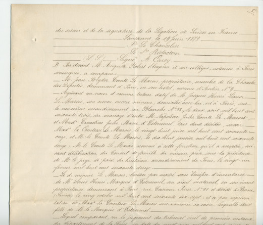 Acte n° 1752 de cession d'une moitié indivise du domaine dit «le Chalet de Riond-Bosson» réalisée le 5 juillet 1879 devant le notaire Louis Monay, à Morges