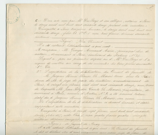 Acte n° 1752 de cession d'une moitié indivise du domaine dit «le Chalet de Riond-Bosson» réalisée le 5 juillet 1879 devant le notaire Louis Monay, à Morges