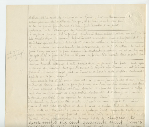 Acte n° 2459 de vente d'immeubles situés sur la commune de Morges (Petit Riond-Bosson, À Bonjean) selon le plan réalisé par M. Charles Kräutler, géomètre en cette ville, réalisée le 16 mai 1888 devant le notaire Louis Monay, à Morges