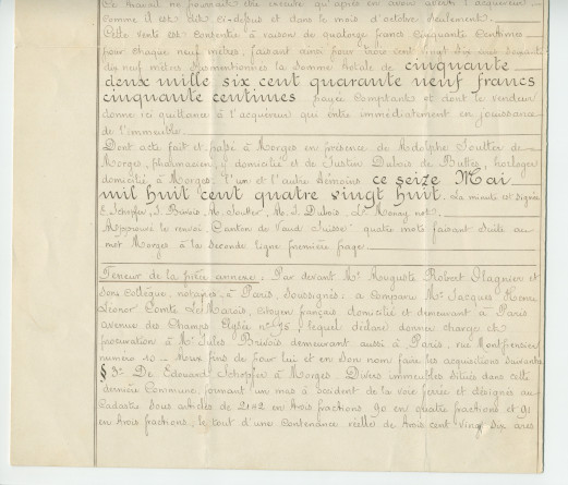 Acte n° 2459 de vente d'immeubles situés sur la commune de Morges (Petit Riond-Bosson, À Bonjean) selon le plan réalisé par M. Charles Kräutler, géomètre en cette ville, réalisée le 16 mai 1888 devant le notaire Louis Monay, à Morges