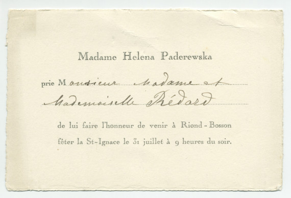 Deux cartons d'invitation adressés par Hélène Paderewski à «Monsieur, Madame et Mademoiselle [Anne-Marie] Redard» pour venir fêter la Saint-Ignace à Riond-Bosson un 31 juillet à 9 heures du soir