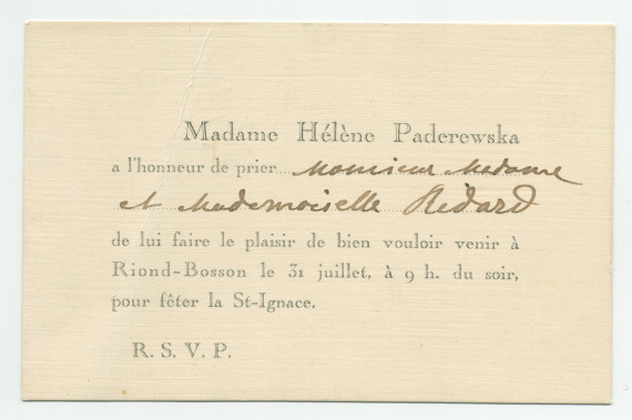 Deux cartons d'invitation adressés par Hélène Paderewski à «Monsieur, Madame et Mademoiselle [Anne-Marie] Redard» pour venir fêter la Saint-Ignace à Riond-Bosson un 31 juillet à 9 heures du soir