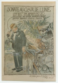 Reproduction d'une caricature de style bande-dessinée d'auteur non identifié («W. de Maÿ»?) évoquant l'appendicite dont a manifestement souffert Paderewski lors de l'enregistrement filmé de son Menuet en septembre 1936 au Denham Studio de Londres