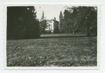 Photographie de la villa de Riond-Bosson depuis le sud-est, partiellement dissimulée par les arbres, avec le parc au premier plan – extraite d'un album de la famille Obuchowicz
