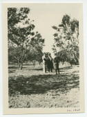 Photographie de Paderewski au milieu des amandiers de son «Rancho San Ignacio» à Paso Robles, en Californie, en juillet 1927, en compagnie d'un métayer (?) et d'une personne non identifiée