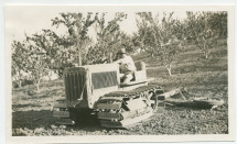 Photographie d'un tracteur au travail dans le champ d'amandiers du «Rancho Santa Helena» à Paso Robles, en Californie