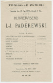 Programme du «Klavierabend» [soirée de piano] donnée par Paderewski le 27 avril 1907 à la Tonhalle de Zurich