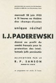 Libretto du récital donné par Paderewski le 28 juin 1933 au Théâtre des Champs-Elysées à Paris au profit du Comité français pour la protection des intellectuels juifs persécutés, avec allocution du R[abbin] P. Sanson – Avec billet d'entrée