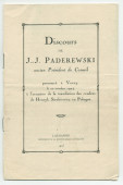 «Roi sans couronne et chef sans glaive» – Plaquette du discours prononcé par Paderewski le 20 octobre 1924 à Vevey à l'occasion de la translation des cendres de Henryk Sienkiewicz en Pologne, éditée à Lausanne en 1925