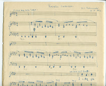 Partition manuscrite d'une version transposée par Lydia Barblan[-Opienska] de la mélodie n° 2 «Piosnka dudarza» tirées des «Six mélodies» pour voix et piano op. 18 de Paderewski sur des poèmes d'Adam Mickiewicz