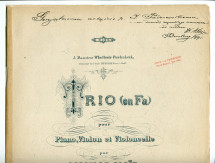 Partition du Trio en fa majeur pour piano, violon et violoncelle op. 40 de Ladislas Aloïz (ou Vladislav Frantskovich Aloiz) (1860-1917) – «À Monsieur Wladimir Puchalski, directeur de l'école impériale russe à Kieff» (P. Jurgenson, Moscou – 3 parties séparé