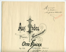 Partition de «Au bord du Gange», premier des quatre «Morceaux caractéristiques pour la piano – Aux Indes» op. 108 d'Otto Christoph Hackh (1852-1917) (Aug. Cranz, Hambourg, 1895) – dédicace manuscrite à Paderewski: «Hommage de l'auteur, New York, 30 octobre