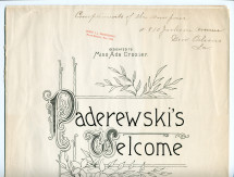 Partition de la «Paderewski's Welcome Waltz» pour piano de Miss Genevieve Salles – «Dedicated to Miss Ada Crozier» (The L. Grunewald Co., New Orleans, 1895) – dédicace manuscrite à Paderewski: «Compliments of the composer, 810 Jackson Avenue, New Orleans»