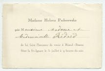 Deux cartons d'invitation adressés par Hélène Paderewski à «Monsieur, Madame et Mademoiselle [Anne-Marie] Redard» pour venir fêter la Saint-Ignace à Riond-Bosson un 31 juillet à 9 heures du soir